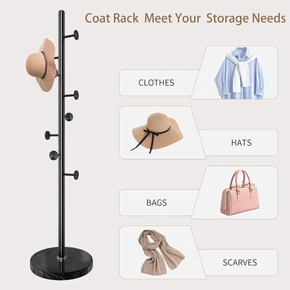 Modern Metal Coat Rack Stand, Coat Rack Freestanding with Natural Marble Base, Sturdy Heavy Duty Coat Racks with 8 Hooks, Black Coat Hall Tree Stand for Entryway, Office