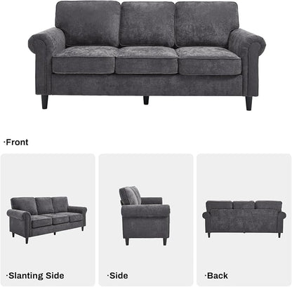 Kingfun 3 Seater Couch, Mid Century Modern Sofa Set with Rolled Arms and Deep Seats, Fluffy Comfort for Living Room, Apartment, Easy Assembly, Gray