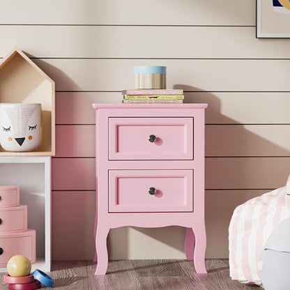 Bonnlo Nightstand with 2 Drawers, Night Stands for Bedrooms, Small Bed Side Table/White Night Stand with Drawers for Small Spaces, College Dorm, Kids’ Room, Living Room, French, 16W x 12D x 24H, Pink