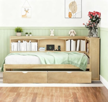 Bellemave Twin Corner Bed Frame with USB Ports, Wood Twin Size Daybed with L-Shaped Bookcase and 2 Drawers，Daybed with Storage Cabinets, Wood Color