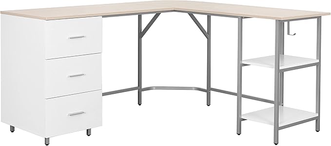 Techni Mobili L Shaped Desk - Two-Toned Computer Desk with Drawers & Storage Shelves - Simple Modern Furniture & Home Office Space Corner Table for Work & Writing | 59" two‑tone L‑shaped desk with storage shelves, durable frame, modern corner workstati...