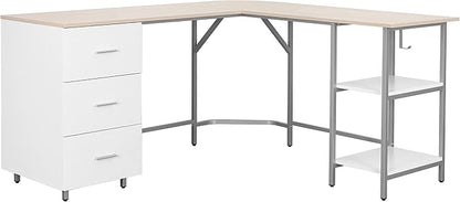 Techni Mobili L Shaped Desk - Two-Toned Computer Desk with Drawers & Storage Shelves - Simple Modern Furniture & Home Office Space Corner Table for Work & Writing | 59" two‑tone L‑shaped desk with storage shelves, durable frame, modern corner workstati...