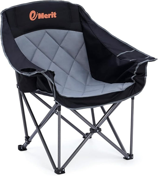 EMERIT Oversized Padded Camping Chairs, Heavy Duty 450 LBS Capacity Outdoor Folding Quad Chair with Cup Holder, Portable for Camping, Tailgating, Sports, Backyard & Patio, Black