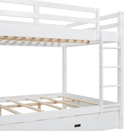 MERITLINE Queen Over Queen Bunk Bed with Twin XL Trundle, Solid Wood Bunk Bed with Ladders and Guardrails for Adults (White)