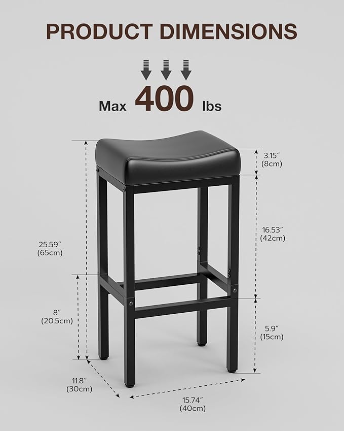 Bar Stools Set of 3-24 Inch Counter Height Chairs for Kitchen Island, Leather Seat with 400 LBS Heavy-Duty Metal Frame and Adjustable Feet, Easy to Assemble for Bar, Café or Dining Room,Black