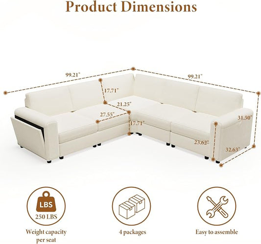 Vesgantti Oversized Modular Sectional Sofa, 5-Seater Chenille L Shaped Modular Couch, Corner Sofa with Storage Armrests, Large Comfy Sectional Couches for Living Room, Apartment, Beige