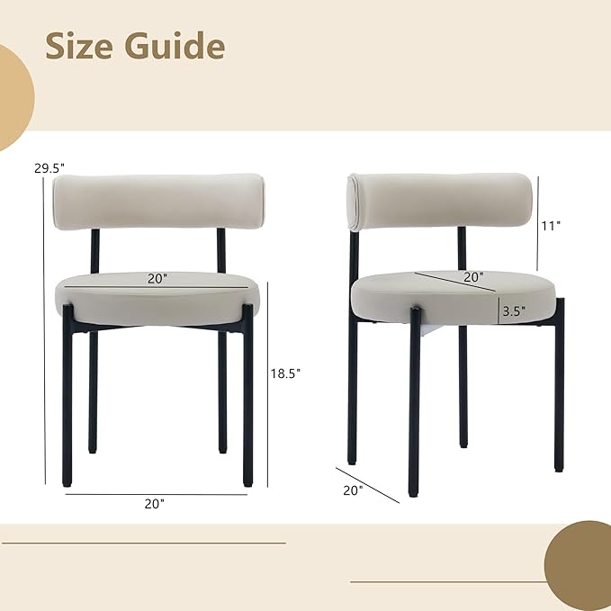 Faux Leather Dining Chairs Set of 2, Upholstered Kitchen and Dining Room Chairs, Mid-Century Modern Dining Chairs with Round Back and Black Metal Legs, Vegan Leather, Beige Grey
