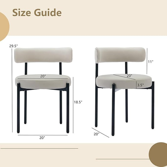 Faux Leather Dining Chairs Set of 2, Upholstered Kitchen and Dining Room Chairs, Mid-Century Modern Dining Chairs with Round Back and Black Metal Legs, Vegan Leather, Beige Grey