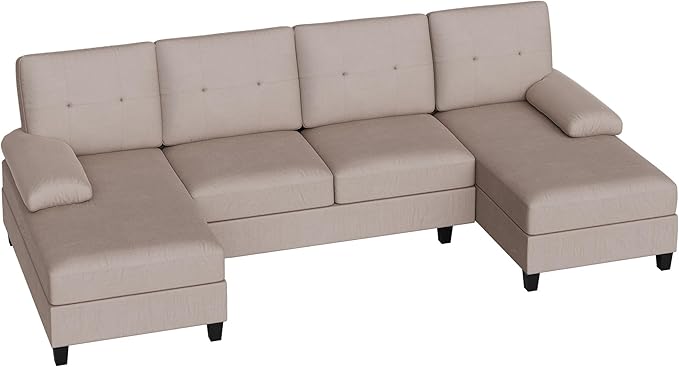 Shintenchi U-Shaped Sectional Couches for Living Room, 4 Seat Sofa with Double Chaise Lounges,Solid Wood Frame Sectional Sofa for Apartment,Beige