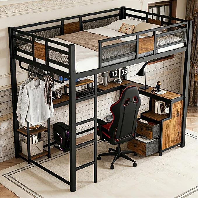 Bellemave Queen Loft Bed with Desk & Storage Fabric Drawers & Shelves, Heavy Duty Metal Frame Loft Bed for Adults & Teens, Space Saving Bed for Apartments & Dorm, No Box Spring Needed, Black