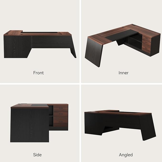 Epecoya L-Shaped Executive Desk with Drawer, 78-Inch Large Home Office Desk with Cord Hold and Power Outlet, Modern Computer Table with Lateral File Cabinet,Open Shelf and PC Stand, Walnut Brown Black