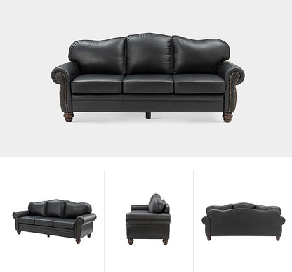 81" Genuine Leather Sofa, Classic 3-Seater Couchs with Wood Legs, Stylish & Comfortable Sofa for Living Room or Office, Easy Assembly and Maintain & Long-Lasting, Black