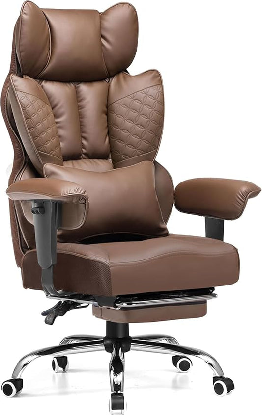GTPLAYER Big and Tall Gaming Chair 400lbs Heavy Duty Office Chair with Foot Rest & Ergonomic Pocket Spring Lumbar Support, High Back 3D Saddle Shaped Cushion for Back Pain Relief, Brown
