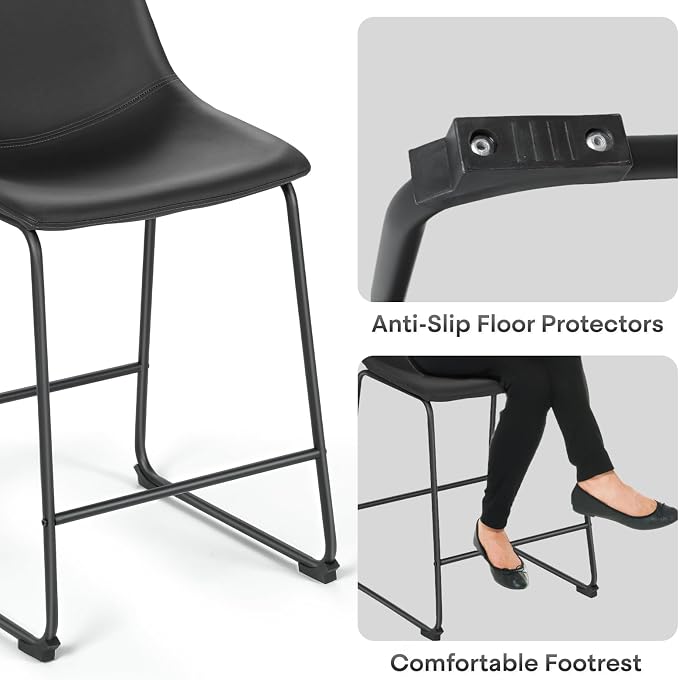 Athena Collection 23'' Counter Height Bar Stools Bar Chairs Set of 2 Modern PU Leather Bucket Chairs with Back Soft Foam Filled Metal Frame Bar Stools with Footrest for Pub, Bistro, Kitchen, Black