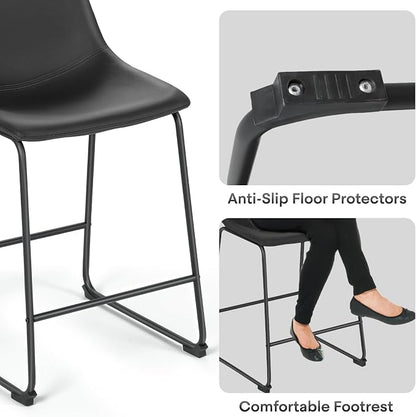 Athena Collection 23'' Counter Height Bar Stools Bar Chairs Set of 2 Modern PU Leather Bucket Chairs with Back Soft Foam Filled Metal Frame Bar Stools with Footrest for Pub, Bistro, Kitchen, Black