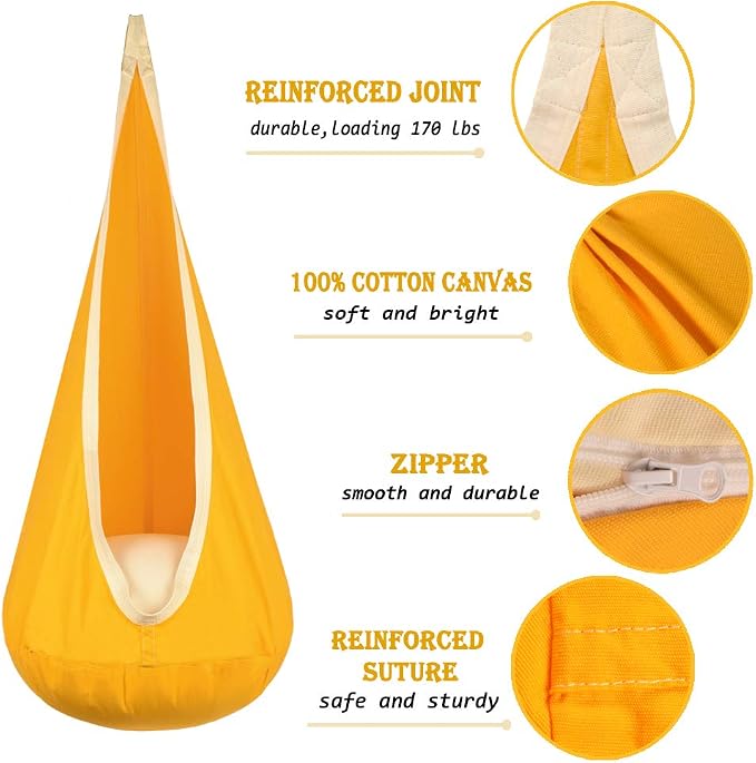 Kids Pod Swing Hanging Seat Child Hammock Chair Indoor and Outdoor Sensory Swings 100% Cotton Loading Capacity 170 lbs (Yellow)