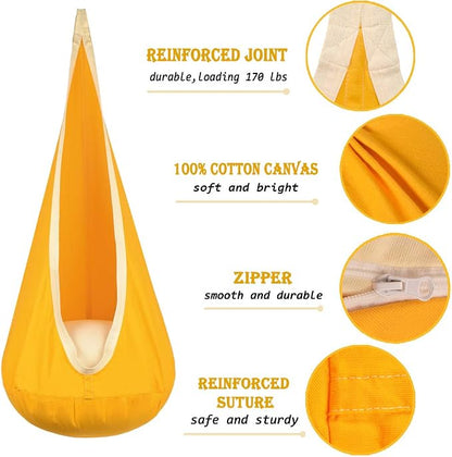 Kids Pod Swing Hanging Seat Child Hammock Chair Indoor and Outdoor Sensory Swings 100% Cotton Loading Capacity 170 lbs (Yellow)