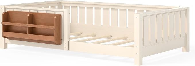 Bellemave Twin Size Montessori Floor Bed with Rails and Slats, Twin Size Floor Bed with Bookshelf and Fence, Low Profile Montessori Beds Frame for Girls, Boys, Beige