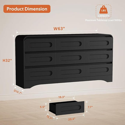 4 Piece Bedroom Set, Dresser and Nightstand Sets | Modern Wooden Large 9 Drawers Dresser and Tall 6 Drawer Dressers & Night Stand Set of 2 for Bedroom, Black