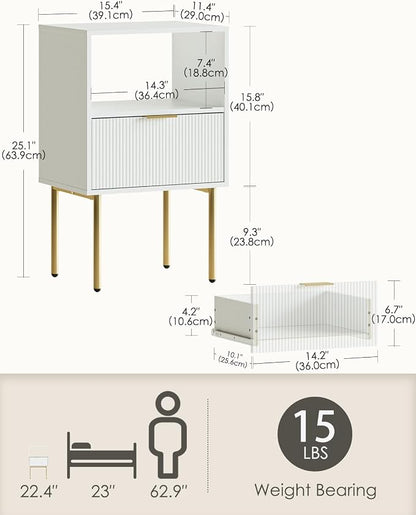 Masupu Night Stand, Mid-Century Bedside Table with Storage Drawer and Open Wood Shelf, Small Gold Frame Flueted Nightstand, Side Table for Bedroom, Living Room, White(Tall 25'')