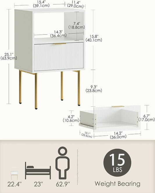 Masupu Night Stand, Mid-Century Bedside Table with Storage Drawer and Open Wood Shelf, Small Gold Frame Flueted Nightstand, Side Table for Bedroom, Living Room, White(Tall 25'')