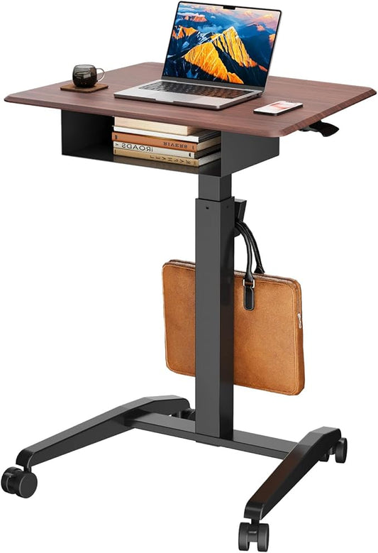 JOY worker Height Adjustable Rolling Laptop Desk with Shelf, Mobile Standing Desk, Pneumatic Mobile Laptop Table with Wheels for Couch Home Office School, Holds Up to 22lbs, Dark Walnut