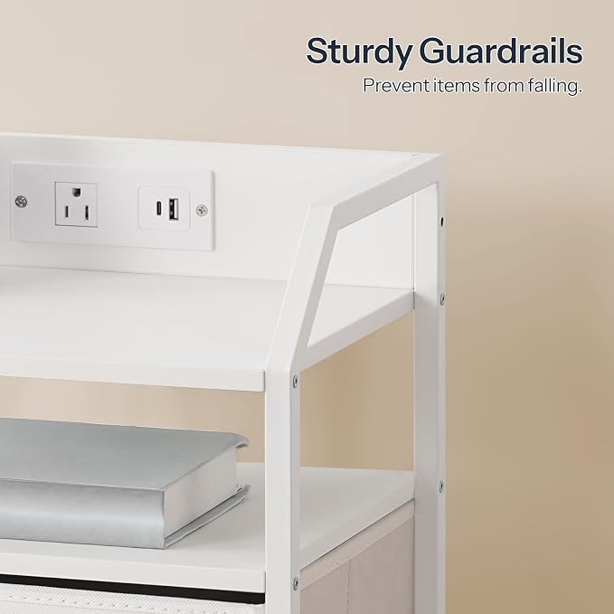 HOOBRO White Nightstand with Charging Station, End Table with 1 AC Outlet, 1 USB Port, and 1 Type-C Port, Bedside Table with LED Light Strip and 3 Non-Woven Drawers, for Bedroom, White WT013UDBZ01