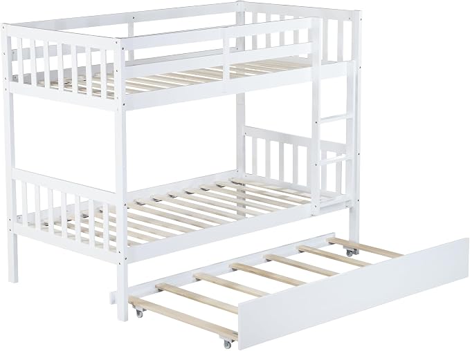 Harper & Bright Designs Convertible Wood Twin-Over-Twin Bunk Bed with Trundle and Ladder - Can Be Divided Into Two Platform Beds (White)
