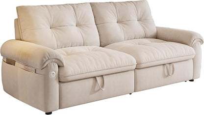77.2'' Pull Out Couch Full Size, Pre-Assembled Sleeper Sofa Bed, Flannel Convertible Futon Sofa Bed with Adjustable Backrest, USB, Side Pocket, Loveseat for Living Room, Apartment, Beige