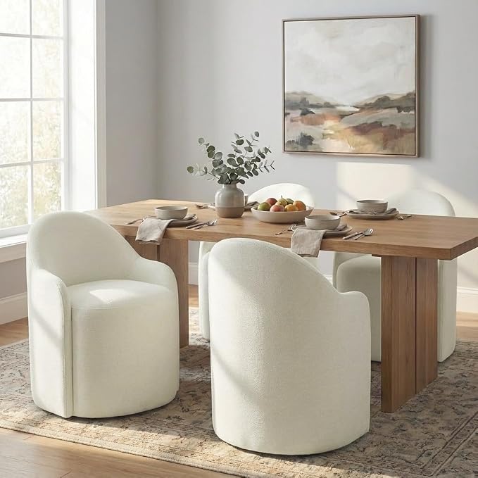 KISLOT Upholstered Dining Chairs with Casters, No Assembly Modern Dining Room Chairs Accent Vanity Chair with 5 Wheels & Round Backrest for Bedroom, Living Room, Dressing, Linen Fabric, Set of 1