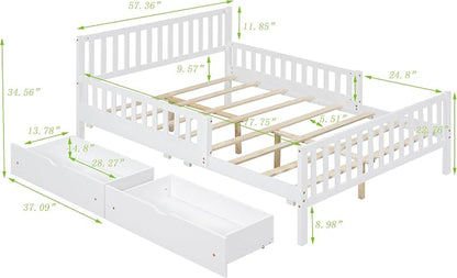 Kids Full Size Bed Frame with Storage Drawers, Wood Full Bed Frames for Kids, Full Bed Frame with Headboard and Footboard for Boys Girls, No Box Spring Needed,White