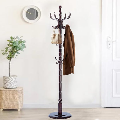 Wooden Coat Rack Freestanding, Hall Tree Hanger With Resin Hooks, Adjustable Heavy Duty Coat Rack for Hanging Clothes Bags Hats in Living Room Bedroom (coat rack, Round Base-Phoenix hook)