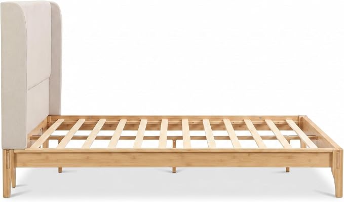 Merax Bamboo Wood 12 Inch Platform Bed with 48" Upholstered High Headboard | Queen Size Bed Frame with Wood Slat Support, No Box Spring Needed, Easy Tool-Free Assembly, Beige+ Natural