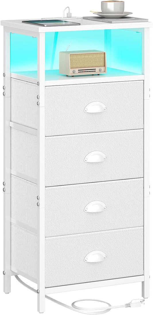 sthmec Nightstand with Charging Station,LED White Nightstand with 4 Fabric Drawers PU Finish, Bedside End Tables, 2-Tier Open Storage Shelf Side Table Nightstand with Drawers for Bedroom,White
