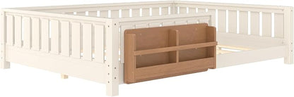 Bellemave Beige Light Natural Montessori Floor Bed with Fence and Slats, Queen Size Montessori Floor Bed with Bookcase and High Rails, Easy Assemble Bed Frame for Girls, Boys, Queen