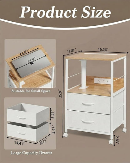 Faesun Swivel Lift Top Nightstand with Charging Station, Rolling Side Table for Recliner, Bedside Table with Wheels & 2 Fabric Drawers, for Small Spaces, for Bedroom, Living Room, Oak White