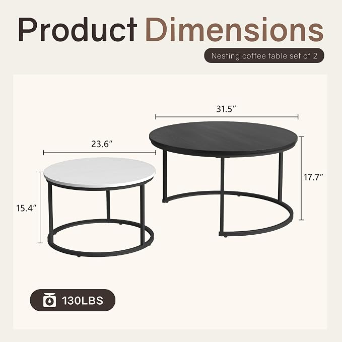 Otterease Nesting Tables Set of 2, 31.5" Round Coffee Table, Small Nesting Coffee Table with Adjustable Non-Slip Fee, Wood Grain Top Nesting Tables for Living Room, Bedroom (Wood Grain Black&White)