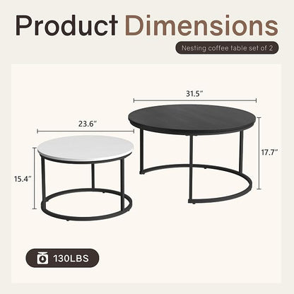Otterease Nesting Tables Set of 2, 31.5" Round Coffee Table, Small Nesting Coffee Table with Adjustable Non-Slip Fee, Wood Grain Top Nesting Tables for Living Room, Bedroom (Wood Grain Black&White)