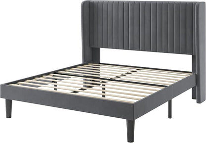 SHA CERLIN Queen Size Velvet Bed Frame with Vertical Channel Tufted Wingback Headboard, Upholstered Platform Bed with Wood Slats, No Box Spring Needed, Easy Assembly, Grey