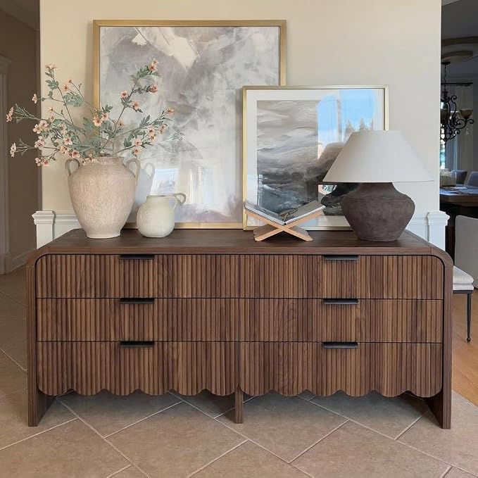 59" Scalloped Walnut Dresser for Bedroom,Fluted 6 Drawer Dressers, Chest of Drawers Espresso Dresser for Nursery and Kids Room, Living Room,TV Stand