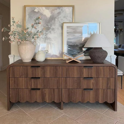 59" Scalloped Walnut Dresser for Bedroom,Fluted 6 Drawer Dressers, Chest of Drawers Espresso Dresser for Nursery and Kids Room, Living Room,TV Stand