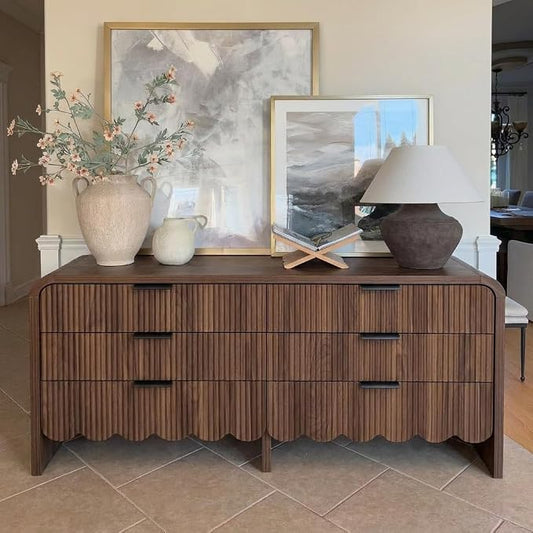 59" Scalloped Walnut Dresser for Bedroom,Fluted 6 Drawer Dressers, Chest of Drawers Espresso Dresser for Nursery and Kids Room, Living Room,TV Stand