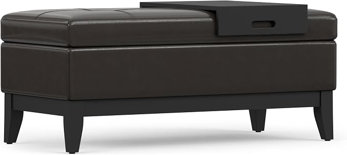 SIMPLIHOME Oregon Storage Ottoman Bench with Tray - 42 inch Wide Upholstered Vegan Leather Rectangle Ottoman Bench in Tanners Brown, Transitional Tufted Ottoman for Living Room with Lift-Up Lid