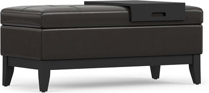 SIMPLIHOME Oregon Storage Ottoman Bench with Tray - 42 inch Wide Upholstered Vegan Leather Rectangle Ottoman Bench in Tanners Brown, Transitional Tufted Ottoman for Living Room with Lift-Up Lid