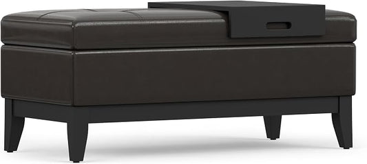 SIMPLIHOME Oregon Storage Ottoman Bench with Tray - 42 inch Wide Upholstered Vegan Leather Rectangle Ottoman Bench in Tanners Brown, Transitional Tufted Ottoman for Living Room with Lift-Up Lid