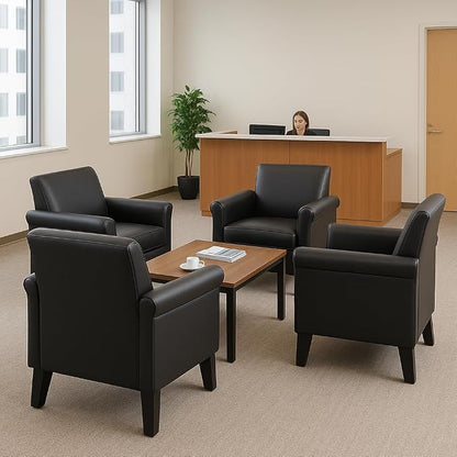 Faux Leather Accent Chair Set of 2, Mid Century Modern Living Room Chair, Upholstered Comfortable PU Leather Armchair for Bedroom, Office or Waiting Areas-Black