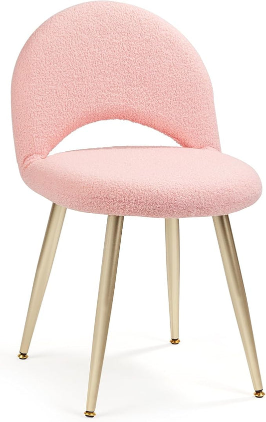 Vanity Chair with Backrest, Boucle Upholstery Armless Makeup Stool, Pink Vanity Stool with Gold Metal Legs for Bedroom Living Room Kitchen Dinning Room (Gold and Pink)