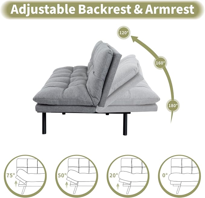 Vipbear 71" Futon Sofa Bed - Convertible Sofa Beds/Adjustable Backrest & Armrest, Comfy Loveseat Sleeper for Small Spaces, Apartments & Offices,Linen Fabric Medium Grey Futons
