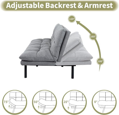 Vipbear 71" Futon Sofa Bed - Convertible Sofa Beds/Adjustable Backrest & Armrest, Comfy Loveseat Sleeper for Small Spaces, Apartments & Offices,Linen Fabric Medium Grey Futons