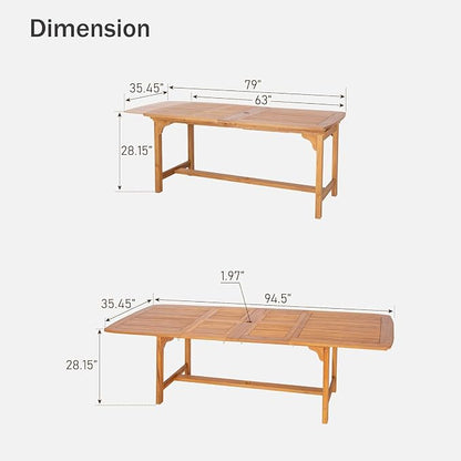 PHI VILLA Teak Outdoor Table, Expandable Wood Table w/Umbrella Hole | Large rectangle acacia wood table for 6-8. Perfect for patio, deck, porch, backyard